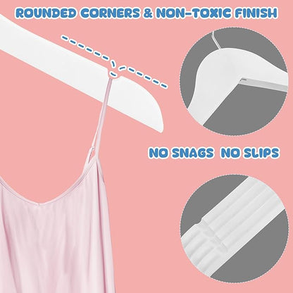 Kids Wood Hangers Without Bar, 12 Pack Baby Children Wooden Hangers with 360° Rotatable Hook for Dress, Coats, and Jacket, Space-Saving Design for Toddler Closet Organization(White)