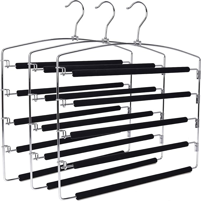 30 Pack Quality Multi Hangers, Space-Saving Multi-Bar Metal Pants Hangers, Stable with Non-Slip Foam Padding, Swivel Hook for 5 Jeans Each, Suit Pants, Scarves, Towels, Trousers