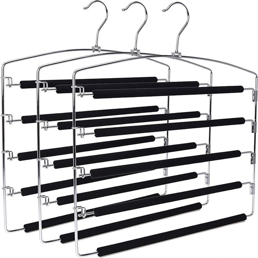 3 Quality Multi-Bar Metal Hangers - Real Heavy Duty, Space-Saving, Stable with Non-Slip Foam Padding, Swivel Hook for 5 Jeans Each - Suitable for Pants, Scarves, Towels, Trousers