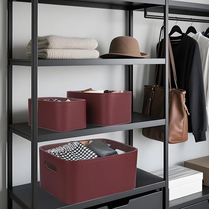 HofferRuffer Faux Leather Storage Baskets Bins with Velvet Lining for Organizing, Storage, Gifts, Set of 3 Nesting Shelf Baskets Decorative Storage Boxes for Home Organization (Dark Red)