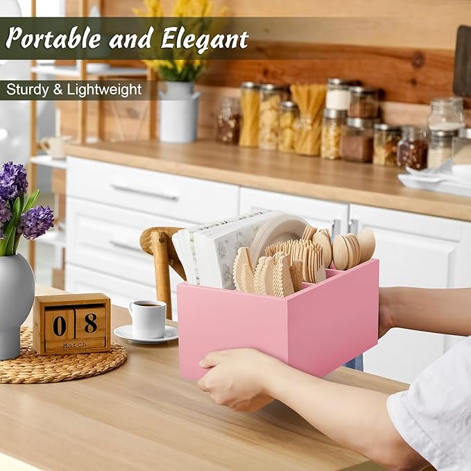DRASTAR Utensil Holder, Wooden Silverware Caddy, Picnic Cutlery Organizer, Countertop Silverware Holder for Party, Pink