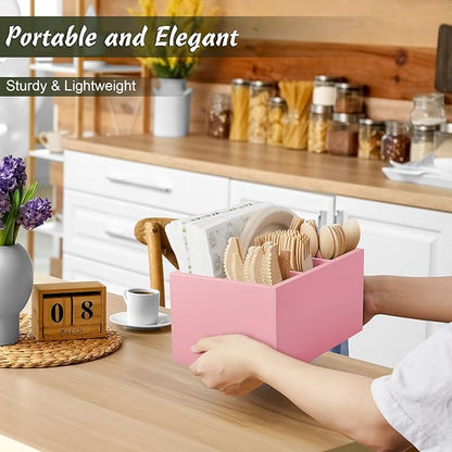 DRASTAR Utensil Holder, Wooden Silverware Caddy, Picnic Cutlery Organizer, Countertop Silverware Holder for Party, Pink