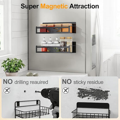 Magnetic Spice Rack for Refrigerator, 2 Pack Metal Magnetic Shelf Organizer for Fridge Side, Strong Spice Storage Rack for Kitchen, Black