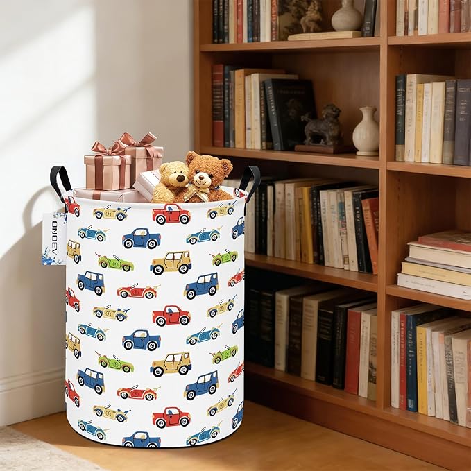 Round Car Themed Laundry Basket,Collapsible Laundry Hamper for Boys,Cute Vehicle Truck Print Storage Bin,Waterproof Toy Storage for Kids Room,Nursery,Playroom,New Parent Gift (Car)