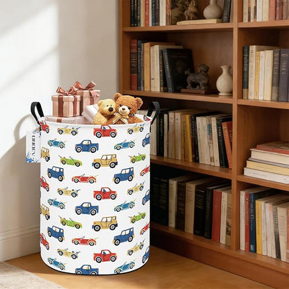 Round Car Themed Laundry Basket,Collapsible Laundry Hamper for Boys,Cute Vehicle Truck Print Storage Bin,Waterproof Toy Storage for Kids Room,Nursery,Playroom,New Parent Gift (Car)