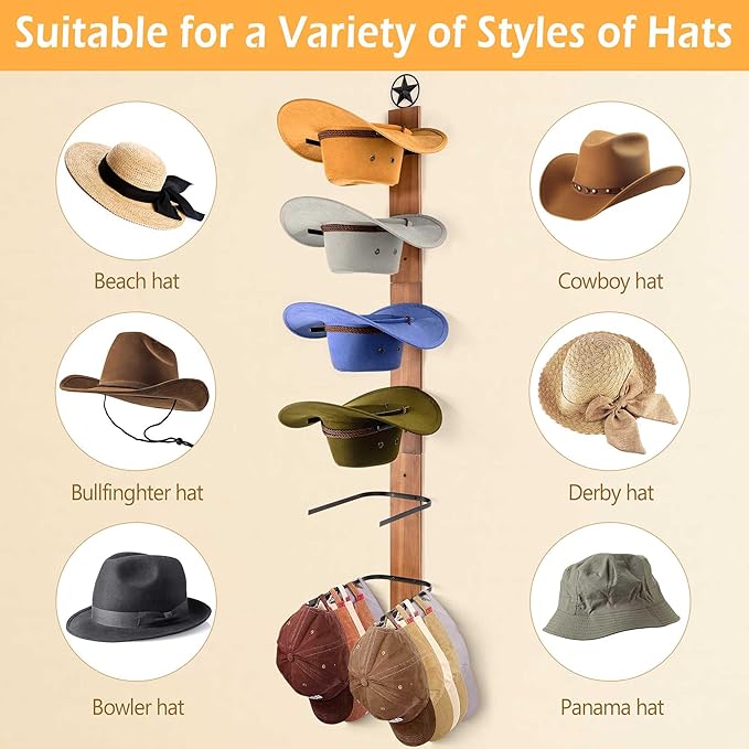 Cowboy Hat Holder Rack Organizer: 6 Hats Cowboy Hat Holder for Wall Mount, Detachable Wooden Western Metal Rustic Hat Hanger Storage, Hat Rack for Cowgirl Hat, Fedora, Sun Hats