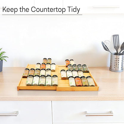 Bamboo Spice Drawer Organizer, (Need 3.1” Deep Drawer) Expandable 4 Tier Spice Rack for Cabinet (From 12" to 23" Wide), Seasoning Storage Insert, Spice Organizer for Drawer,Jars Not Included