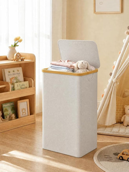 iEGrow 110L Laundry Basket with Lid, Laundry Hamper with Bamboo Handle,Clothes Basket Organizer with Removable Inner Bag for Clothes Towels,Light Grey