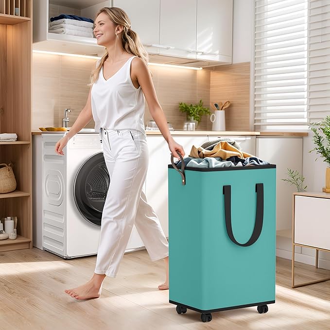 SpaceTrove Laundry Basket with Wheels, Collapsible Laundry Baskets, Laundry Hamper with Handles Detachable Wheels, Rolling Laundry Basket, Dirty Clothes Hamper for Bathroom, Dorm, Bedroom, Green, 80L