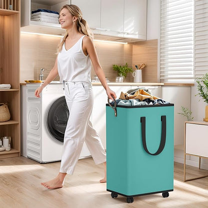 SpaceTrove Laundry Basket with Wheels, Collapsible Laundry Baskets, Laundry Hamper with Handles Detachable Wheels, Rolling Laundry Basket, Dirty Clothes Hamper for Bathroom, Dorm, Bedroom, Green, 80L