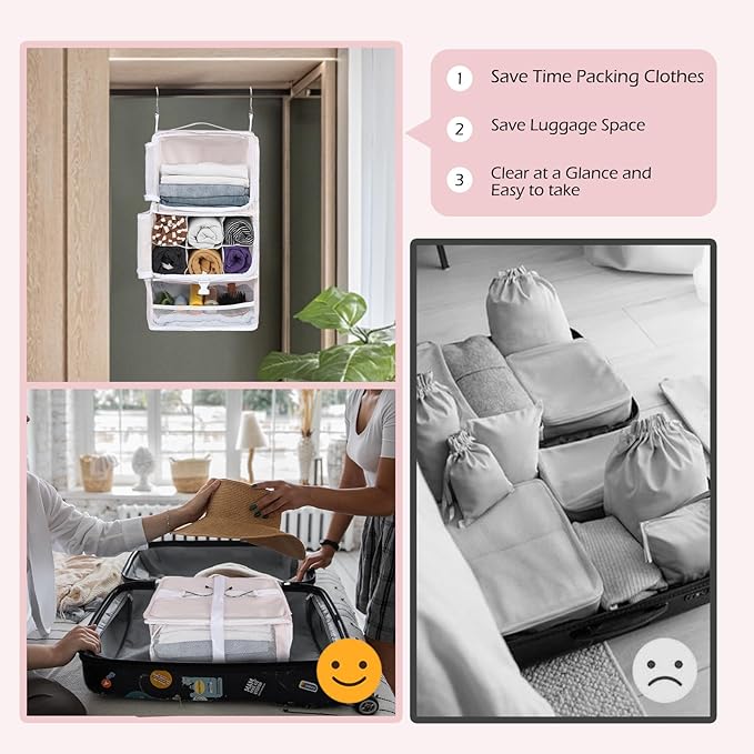 Surblue Hanging Shelves Travel Storage Bag Compression Packing Cube for Suitcase Collapsible with Extension Layer Large Capacity, Pink,XL
