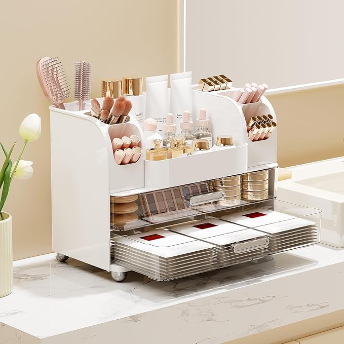 Makeup Organizer for Vanity with 2 Large Drawers, Cosmetic Display Case with Brush Holders, Easy to Storage for Bathroom Countertop Skincare, Perfume, White