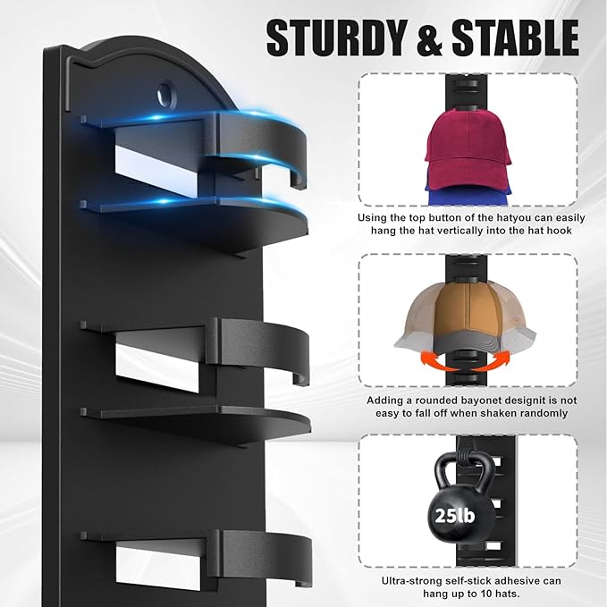 Hat Rack for Baseball Caps on the Wall, Adhesive Hat Storage Organizer, Ball Cap Hooks Display, Vertical Hat Hanger Holder for Door and Closet, Hold Up to 10 Hats, Black, 1 Pack