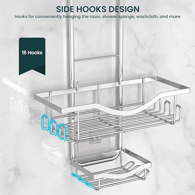 Shower Caddy Hanging Adjustable Shower Caddy, Rustproof Shower Organizer Extended Length Showers Caddy Over Shower Head with Hooks Soap Holder, Large Capacity Anti-Swing Bathroom Organizer, Silver