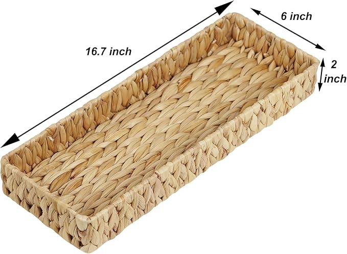Bathroom Vanity Tray, 16.7 Inch Water Hyacinth Toilet Tank Baskets, Long Wicker Counter Tray for Paper Hand Towel, Bathroom Counter Organizer for Decor Coffee Table (16.7" x 6" x 2")