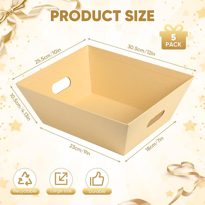 5 Pack Baskets For Gifts Empty, 10x12” Kraft Gift Basket Kit with Clear Bags Gold Bows 200g Crinkle Cut Paper Empty Gift Baskets to Fill Large Gift Baskets for Christmas, Birthdays, Holidays, Weddings