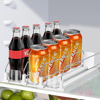 hanmir Drink Organizer for Fridge, Adjustable Width Soda Can Dispenser for Refrigerator Organizers and Storage, 3 Rows Beer Bottle Beverage Holder with Pusher Glide (14.96" D, White)