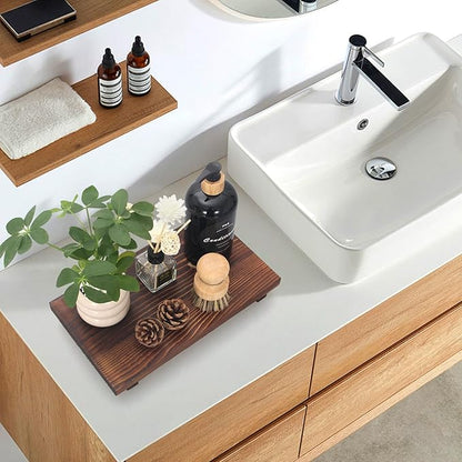 Farmhouse Bathroom Vanity Tray Wood Pedestal Stand Kitchen Countertop Trays Decorative Wooden Risers Dish Soap Dispenser Holder for Kitchen Counter Decor Modern Bathroom Sink Organizer Accessories