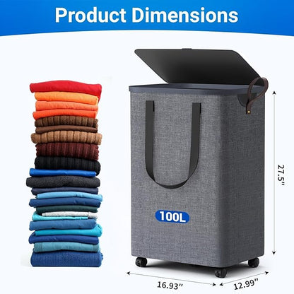 Laundry Basket with 5 Wheels, Tall Dirty Laundry Hamper, Rolling Laundry Basket with Lid, Large 100L Collapsible Clothes Hamper for Laundry Room Bedroom Bathroom Dorm, Light Gray
