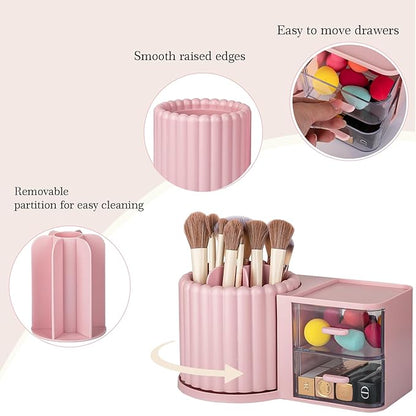 Anyoifax 360 Rotating Makeup Brush Holder 7 Slots Makeup Organizer with Drawer Removable Spinning Cosmetic Storage Pen Holder for Vanity, Dresser, Desk, Pink