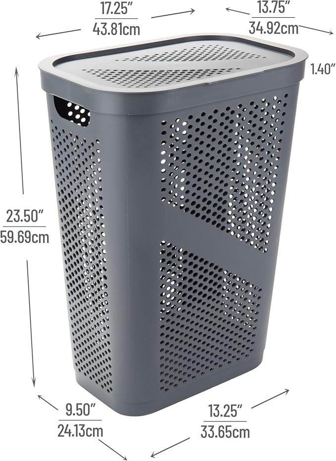 Mind Reader 60L Slim Laundry Hamper, Clothes Basket, Lid, Ventilated, Plastic, Set of 2, Gray