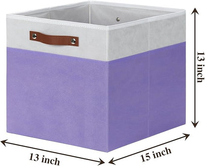 Temary Foldable Cube Baskets 4Pack - Clothes Shelf Storage with Handles, Fabric Storage Organizer Bins (White&Purple, 13x15x13 Inch)