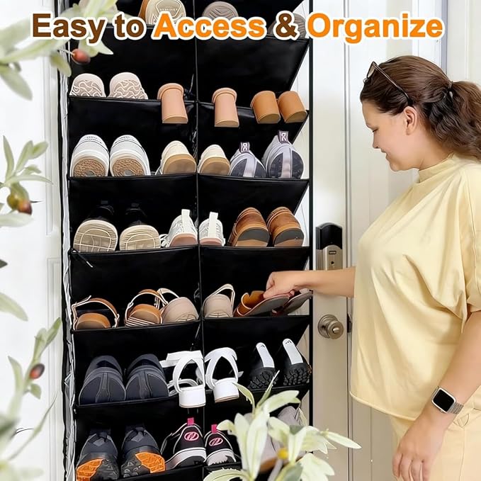 TAKE FIRE Over the Door Shoe Organizer: 10-Tier Clear Pocket Storage for Sneakers, Boots & Heels (20-30 Pairs, Black)