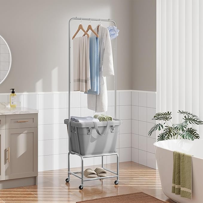 ELYKEN Laundry Cart with Hanging Rack, Rolling Laundry Hamper with Wheels, Laundry Basket with Removable Liner Bag and Shelf, Sturdy Metal Frame Dirty Clothes Basket for Hotel, Home, Closet, Dorm