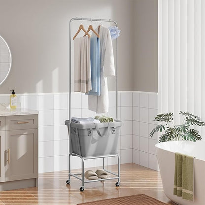 ELYKEN Laundry Cart with Hanging Rack, Rolling Laundry Hamper with Wheels, Laundry Basket with Removable Liner Bag and Shelf, Sturdy Metal Frame Dirty Clothes Basket for Hotel, Home, Closet, Dorm