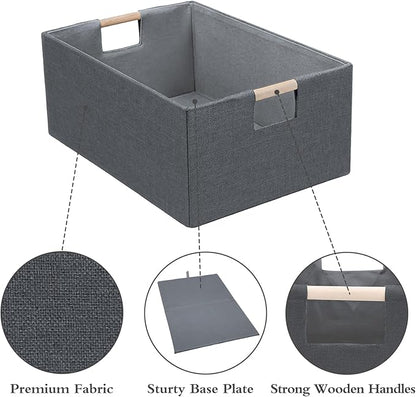 Foldable Fabric Storage Cubes, 2 Packs Cloth Storage Baskets with Wooden Handles, Collapsible Shelf Closet Organizer Bins, Rectangular Storage Boxes for Decor (Gray 2 Pack)