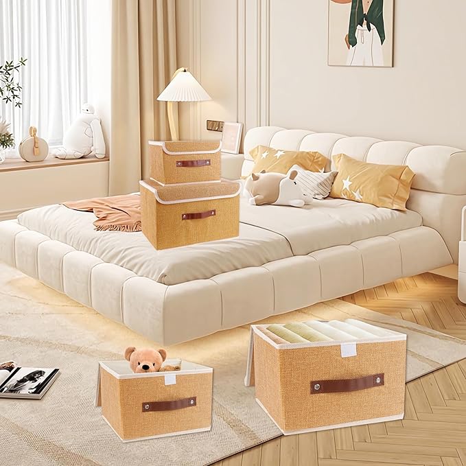 Small Storage Bin with Lid Storage Boxes,Collapsible Linen Storage Basket Container with Lid Storage Cube for Organizing Closets,3 Pack(Light brown)