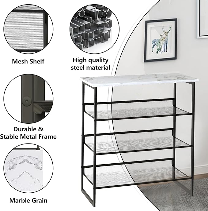 Garden 4 you Shoe Rack for Entryway 4 Tiers 11.8" D x 25" W x 28" H, Metal Shoe Rocks with White Wooden Tabletop, Angled Shoes Rack with Adjustable Mesh Shelves for Entryway Hallway Closet