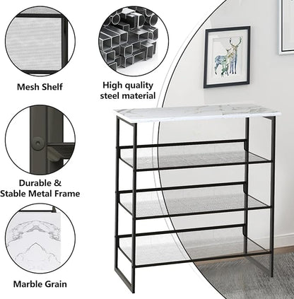 Garden 4 you Shoe Rack for Entryway 4 Tiers 11.8" D x 25" W x 28" H, Metal Shoe Rocks with White Wooden Tabletop, Angled Shoes Rack with Adjustable Mesh Shelves for Entryway Hallway Closet