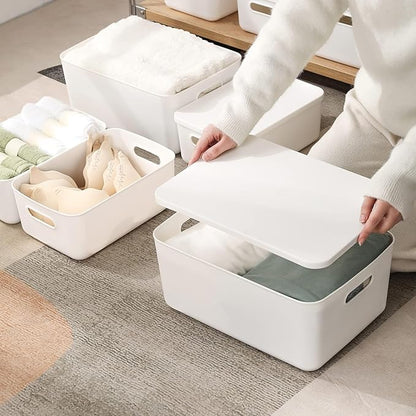 Set Of 4 Plastic Storage Bins,13.8×10×3.3 inch Versatile Kitchen Pantry Organization and Storage,for Plastic Storage Container Under Bed,Under Sink Bathroom Organizer (White, 4 XM)