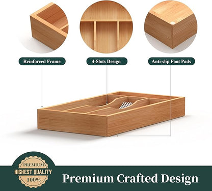 Small Silverware Organizer, Bamboo Kitchen Drawer Organizer, Utensil Holder, Cutlery Tray & Spoon Flatware Storage with Grooved Drawer Dividers (6.7''W x 12''D)