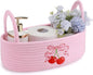 Vesici Cherries Toilet Paper Basket Boho Woven Cotton Rope Bathroom Countertop Organizer with Handle Pink Bow Cherry Bathroom Storage Decor for Toilet Closet Bedroom Nursery, 13 x 6 x 4 Inch