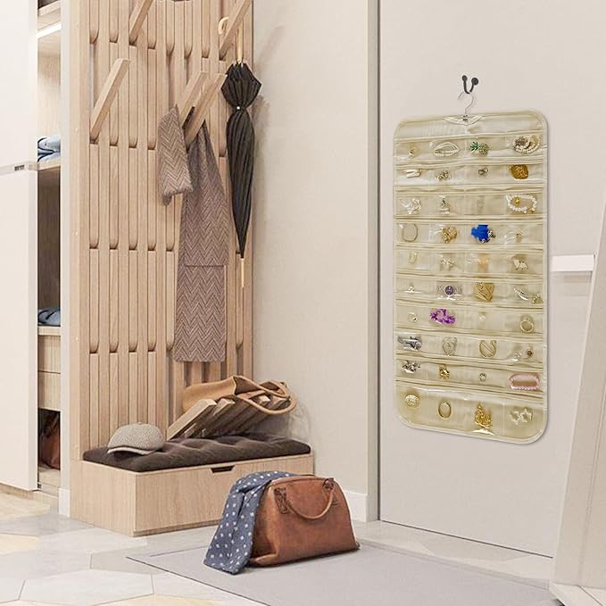 Hanging Jewelry Organizer Storage Roll with Hanger Metal Hooks Double-Sided Jewelry Holder for Necklaces, Earrings, Rings on Door, Wall, Closet, 80 Pocket Organizer,Beige