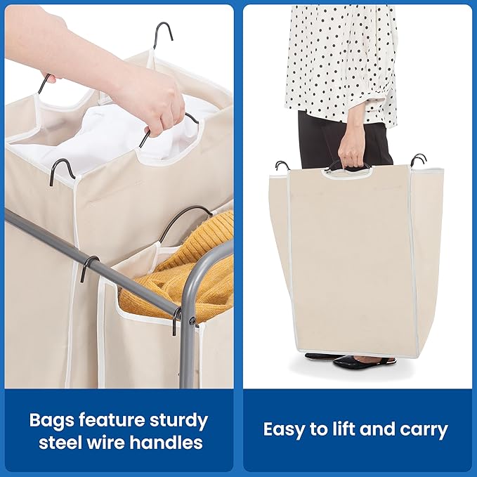 STORAGE MANIAC Laundry Sorter 2 Section, 90 L Gal Laundry Hamper with Wheels, Clothes Basket Separator Sorter, 2 Bag Clothes Cart with Wheels and Removable Bags for Closet, Dorm, Collage, Beige