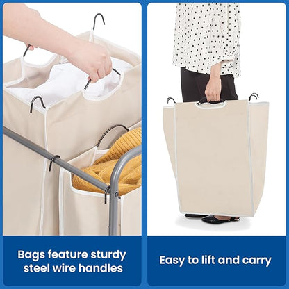 STORAGE MANIAC Laundry Sorter 2 Section, 90 L Gal Laundry Hamper with Wheels, Clothes Basket Separator Sorter, 2 Bag Clothes Cart with Wheels and Removable Bags for Closet, Dorm, Collage, Beige