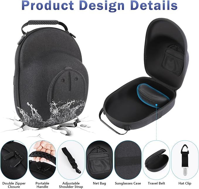 Hat Travel Case, Hard Hat Carrier Organizer with Clip & Glasses Storage, Holds 6 Baseball Caps for Home/Travel - Black