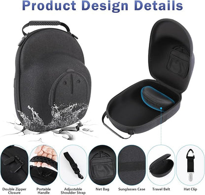 Hat Travel Case, Hard Hat Carrier Organizer with Clip & Glasses Storage, Holds 6 Baseball Caps for Home/Travel - Black