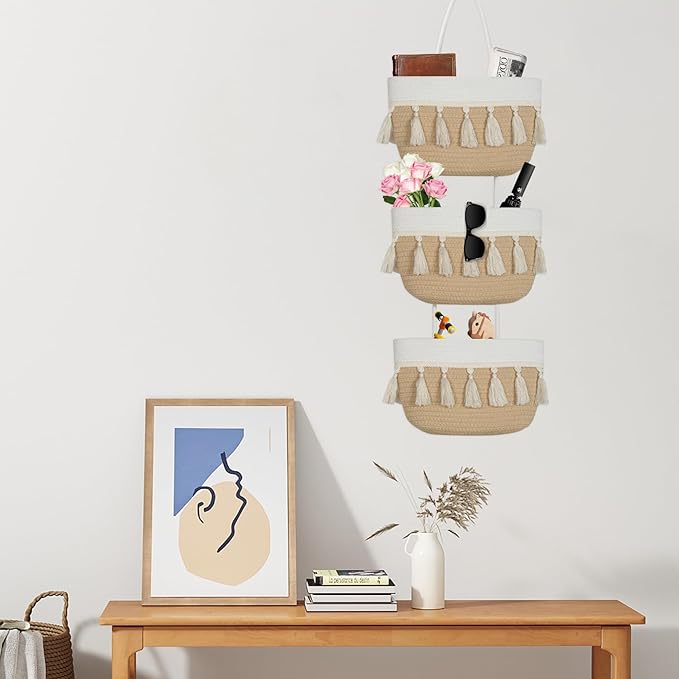 Over the Door Organizer Nursery - Cotton Boho Decor 3 Tier Wall Hanging Basket, Decorative Hanging Storage Organizer for Nursery Bathroom Bedroom Laundry Dorm Kitchen
