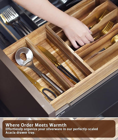 Silverware Drawer Organizer, Acacia Wood Tray for Cutlery & Flatware | Fixed 10.5" Wide, 7-Compartment Utensil Holder for Forks & Spoons
