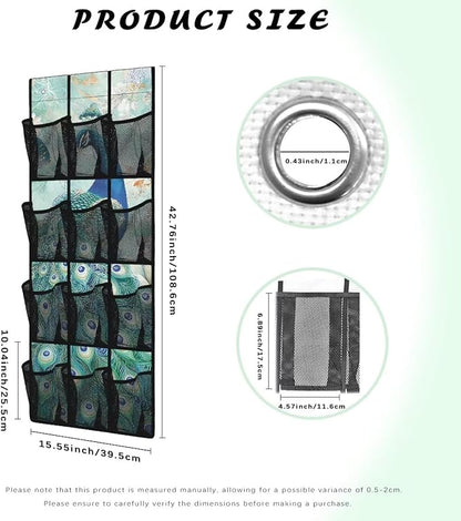 Over The Door Organizer Hanging, Behind The Door Storage, Closet Door Organizer with 12 Mesh Pockets for Bedroom,Peacock