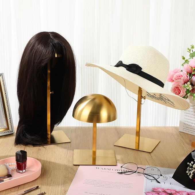 Sintuff 4 Pcs Hat Display Stand:adjustable 7.9-15.7inch Wigs Head Holder Stand Non Slip Stainless Steel Metal Rack for Multiple Hats Wig Storage Styling Practice(Gold,Square Base)