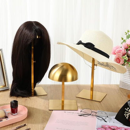 Sintuff 4 Pcs Hat Display Stand:adjustable 7.9-15.7inch Wigs Head Holder Stand Non Slip Stainless Steel Metal Rack for Multiple Hats Wig Storage Styling Practice(Gold,Square Base)