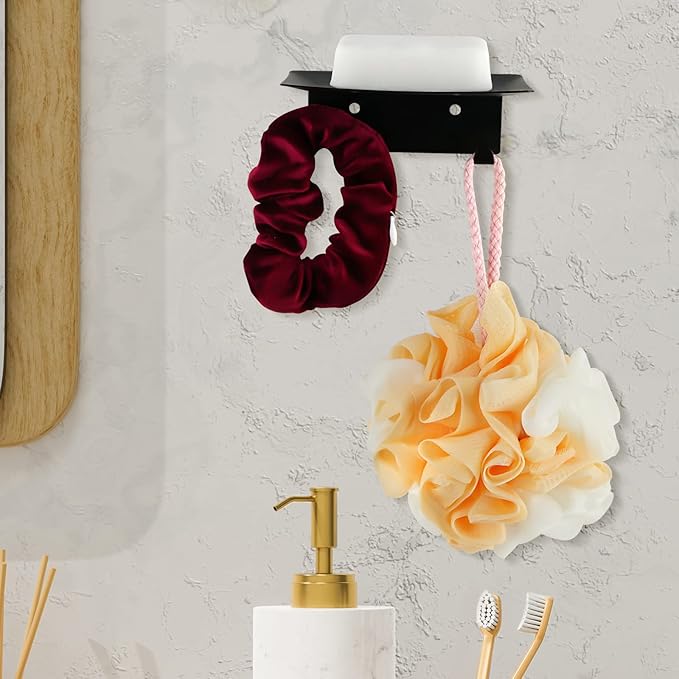 Soap Dish for Shower, 4 Slot Self-Adhesive Soap Holder for Bathroom, Wall Mounted Shower Soap Holder with Hook, Stainless Steel Soap Tray Black