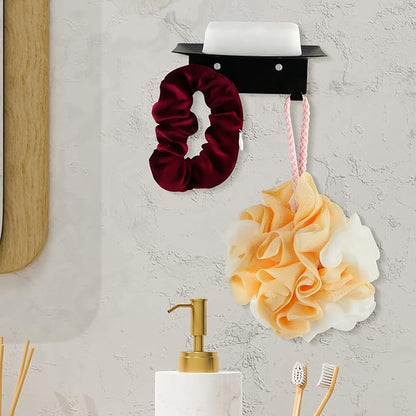 Soap Dish for Shower, 4 Slot Self-Adhesive Soap Holder for Bathroom, Wall Mounted Shower Soap Holder with Hook, Stainless Steel Soap Tray Black
