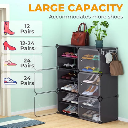 NiHome Shoe Rack Organizer with Doors - 24 Pairs Closet Shoe Organizers and Storage - Stackable Plastic Shoe Storage Box - Free Standing Shoe Rack for Entryway Garage Bedroom