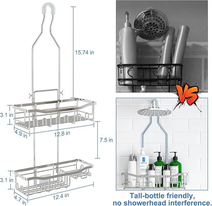 Shower Caddy Hanging for Bathroom: Adjustable Height No Blocking to Shower Head - Rustproof Shower Caddy Over Showerhead - Black Shower Organizer with Hooks Soap Holder, Silver